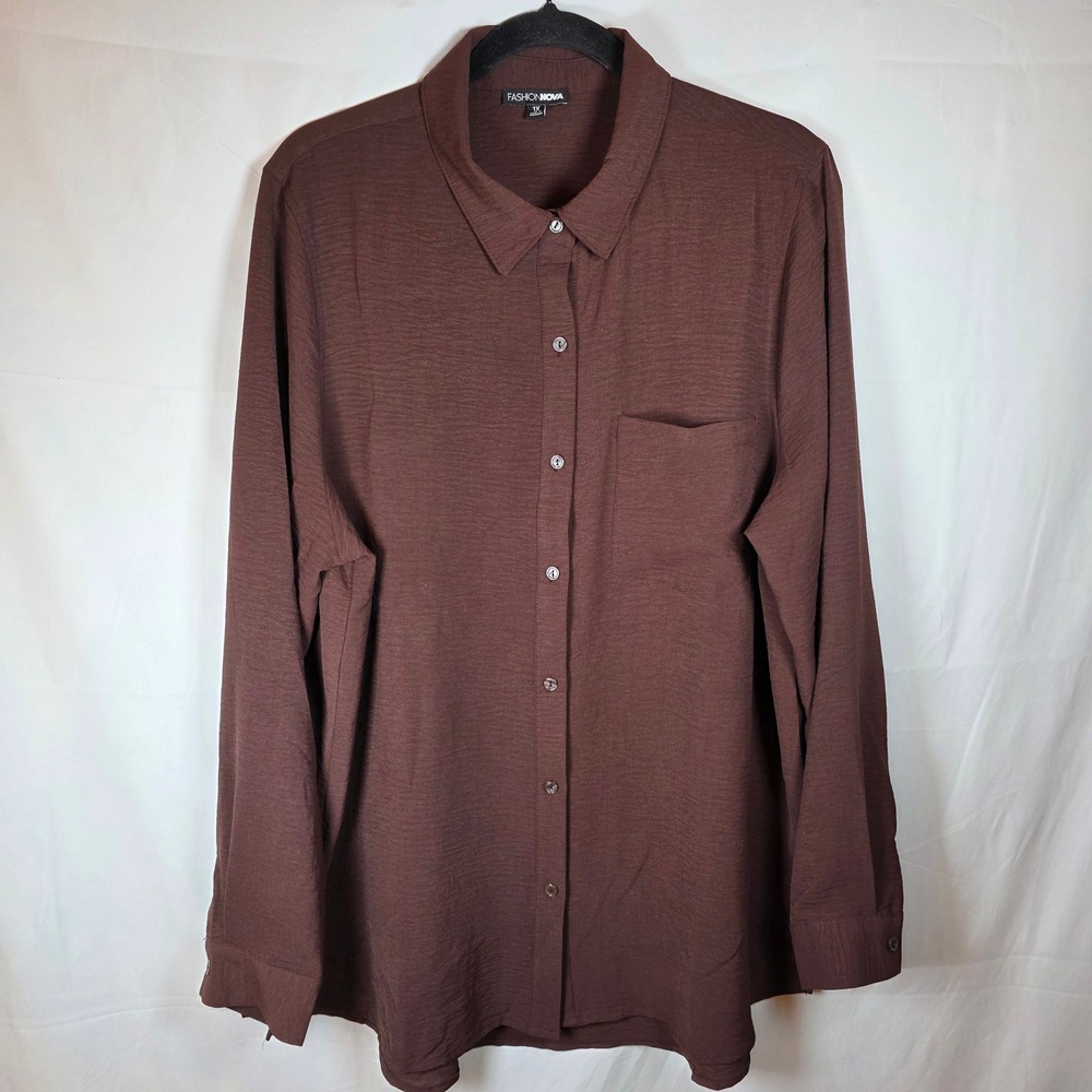 Fashion Nova‎ Brown Textured Button Down Long Sleeve Shirt 1X TT3231 SET
